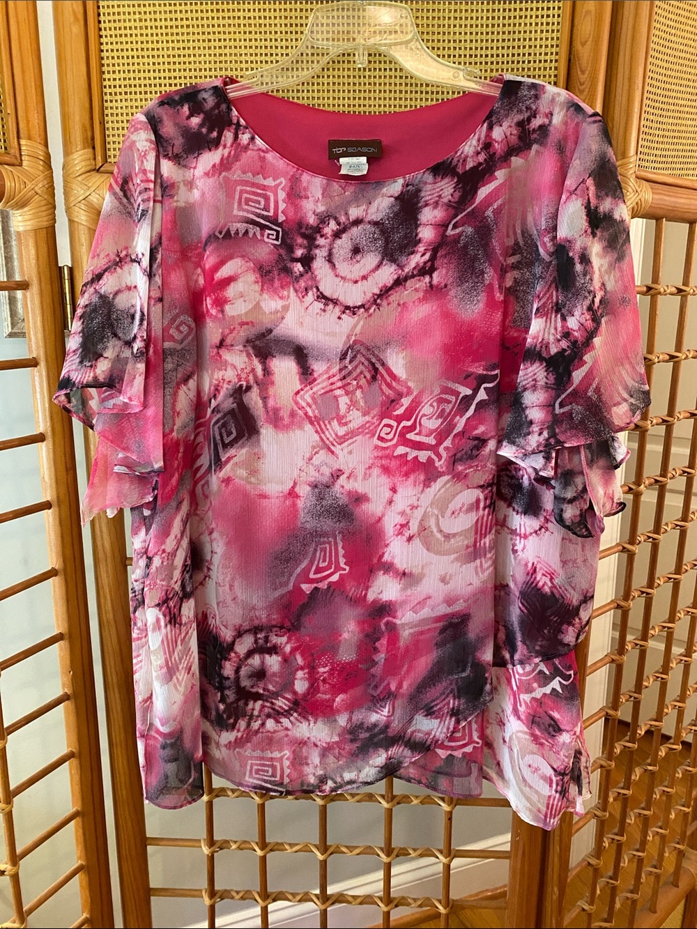 Alfani Pink Abstract Tie-Dye Ruffle Sleeve Blouse